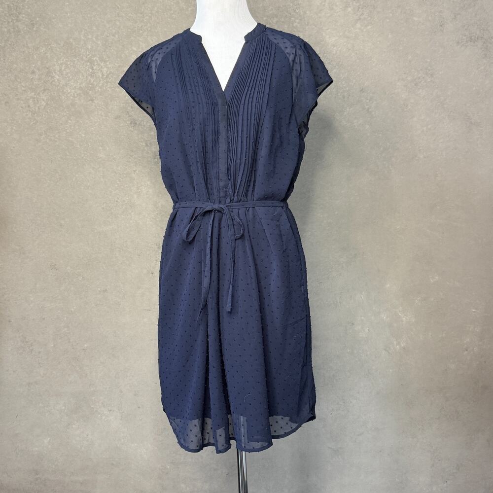 H&M Navy Swiss Dot Chiffon Tie Waist Dress Size 8 Pintuck Cap Sleeve